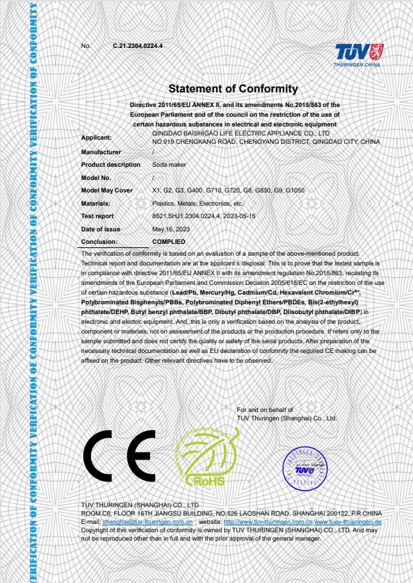 CE compliance certificate for sparkling water maker European Union