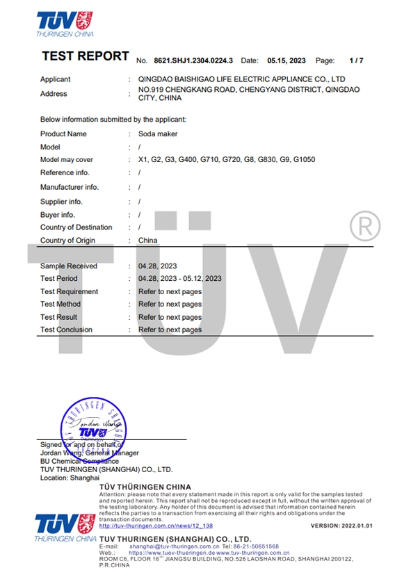 EU LFGB food safety test report for sparkling water machine Europe